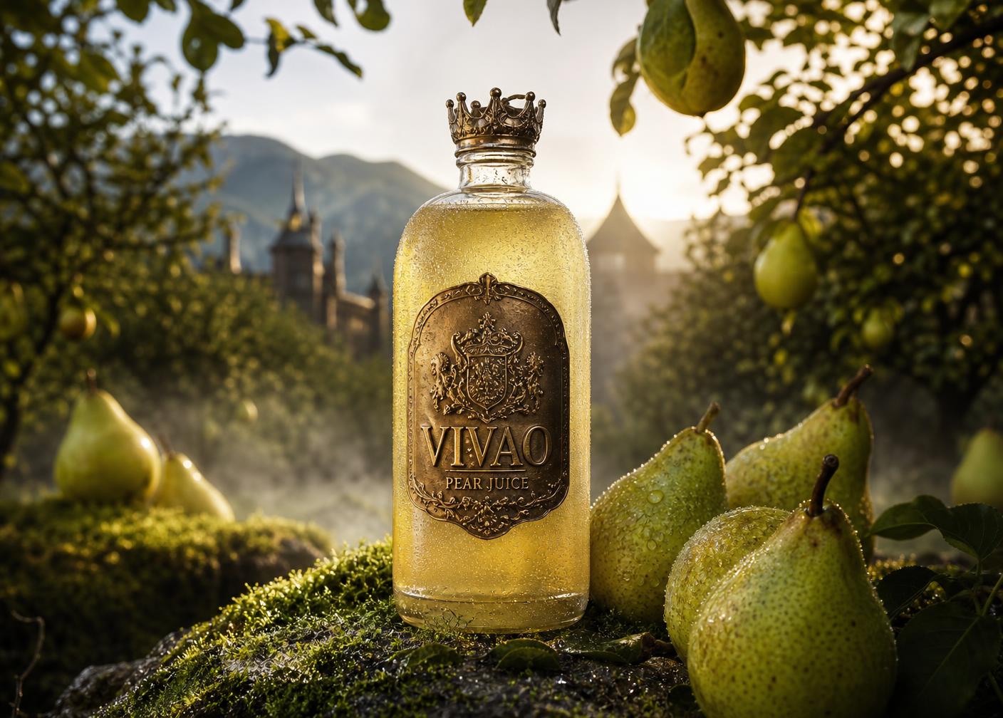 Livada de pere, presată la rece — sticlă VIVAO cu dop regal de bronz